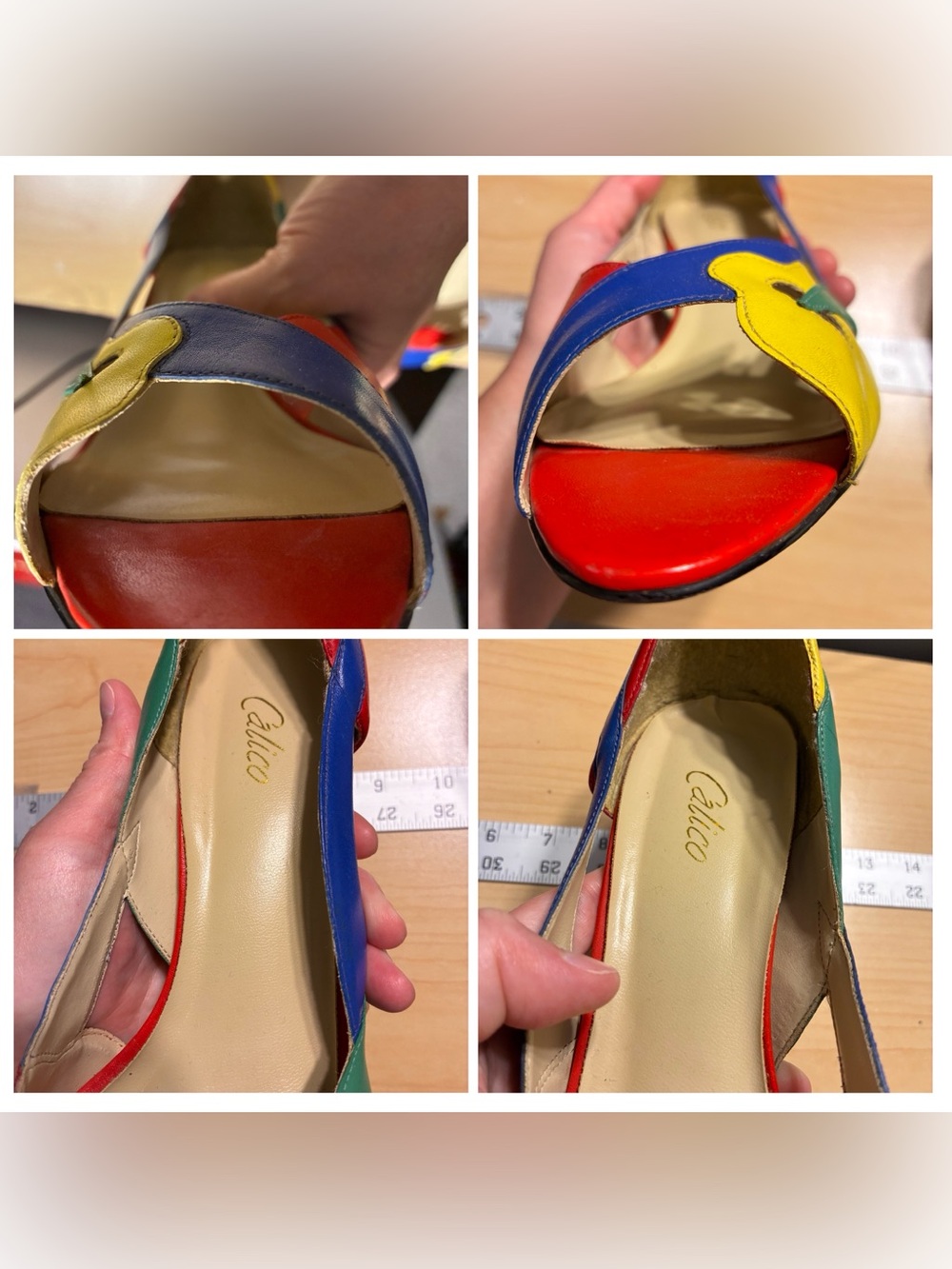 Vintage 80s 90s Calico Colorblock Leather Peep Toe Heels Size 10 - Picture 14 of 16